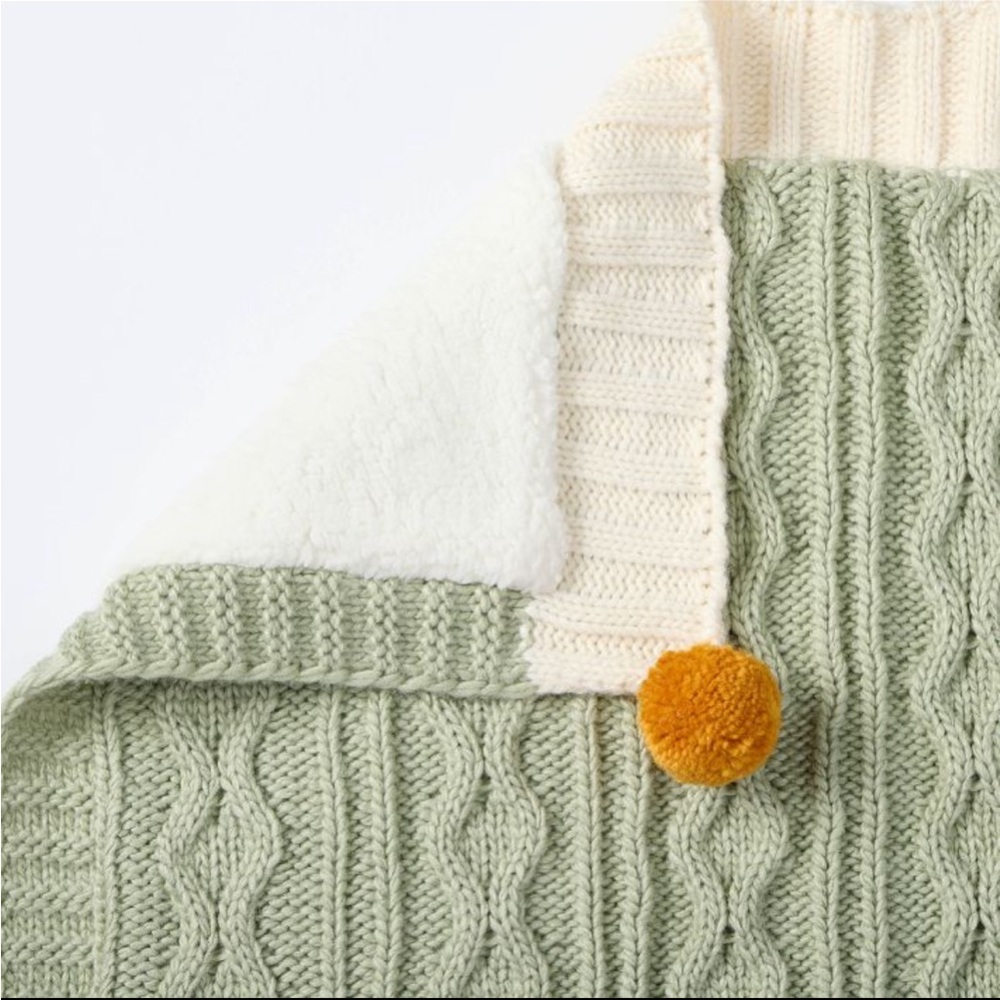 NEW Cable Knit Baby Blanket with Pom Poms - Picture 3 of 5
